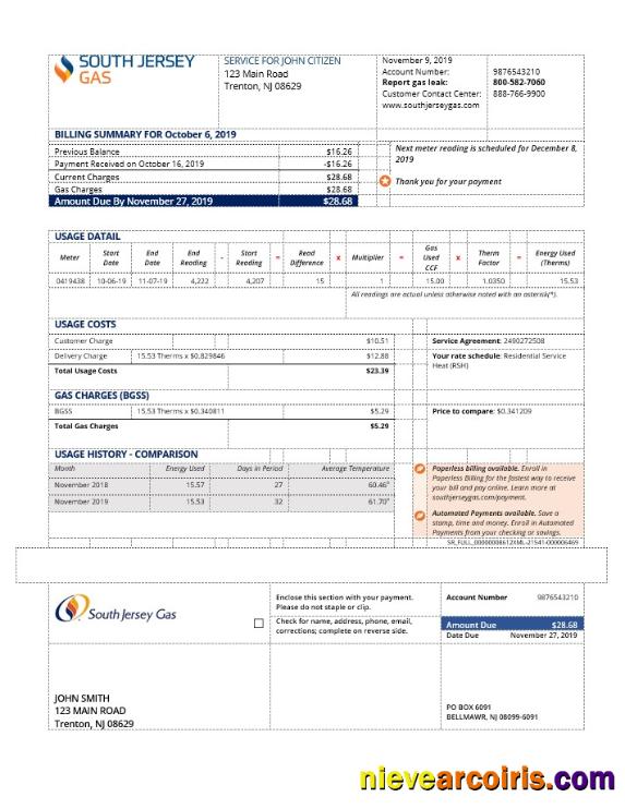 USA New Jersey gas utility bill